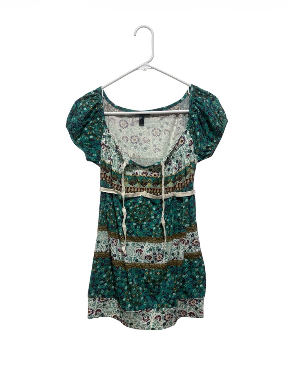 FANG Teal Green Patterned Empire-Waist Peasant Top